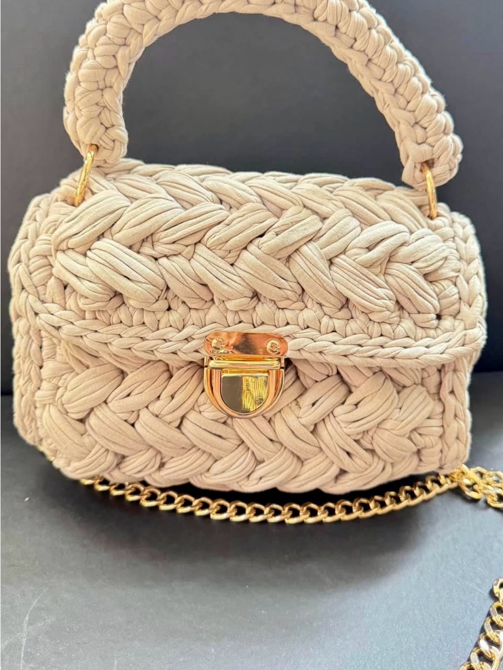 Cream Crochet Mini Top-Handle Bag with Gold Chain